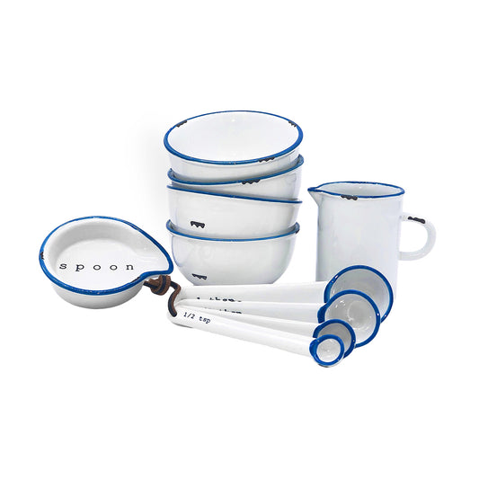 Tinware 7-Piece Prep Set- White w/ Blue Rim