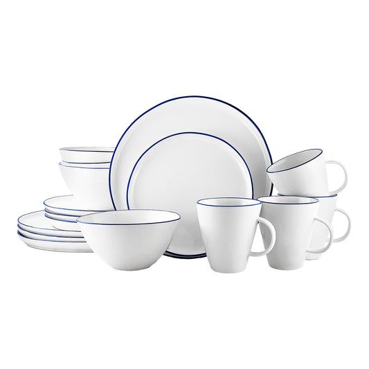Abbesses Blue Rim Porcelain 16 Piece Dinnerware Set, Service For 4