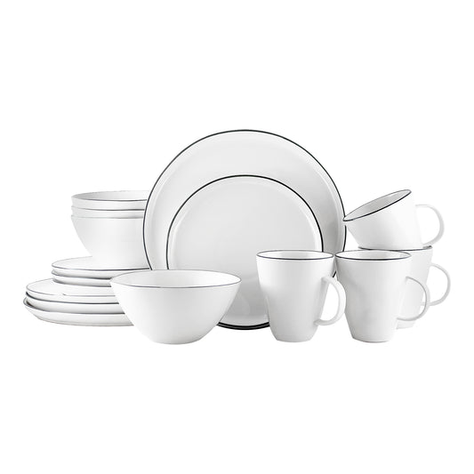 Abbesses Black Rim Porcelain 16 Piece Dinnerware Set, Service For 4