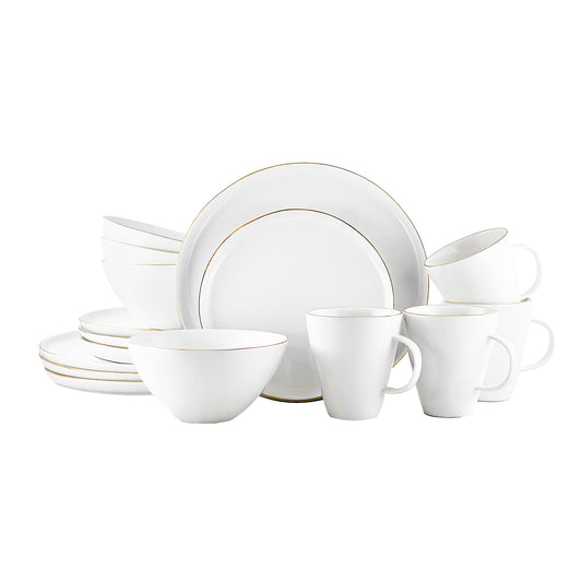 Abbesses Gold Rim Porcelain 16 Piece Dinnerware Set, Service For 4