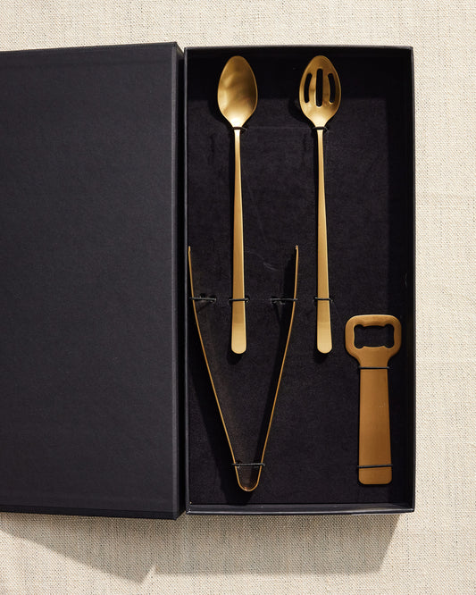 Canvas Classic Matte Gold Stainless Steel 4 Piece Bar Tool Gift Set Canvas Home $50-$100, 4 Piece Set, Bar, Bar Tools, Barware, Bottle Opener, Classic, Cutlery, Cutlery Sets, Gold, Host + Hostess, Ice Tong, Matte, Matte Gold, Portugal, Serving Utensils, Stainless Steel, Stirring Spoon