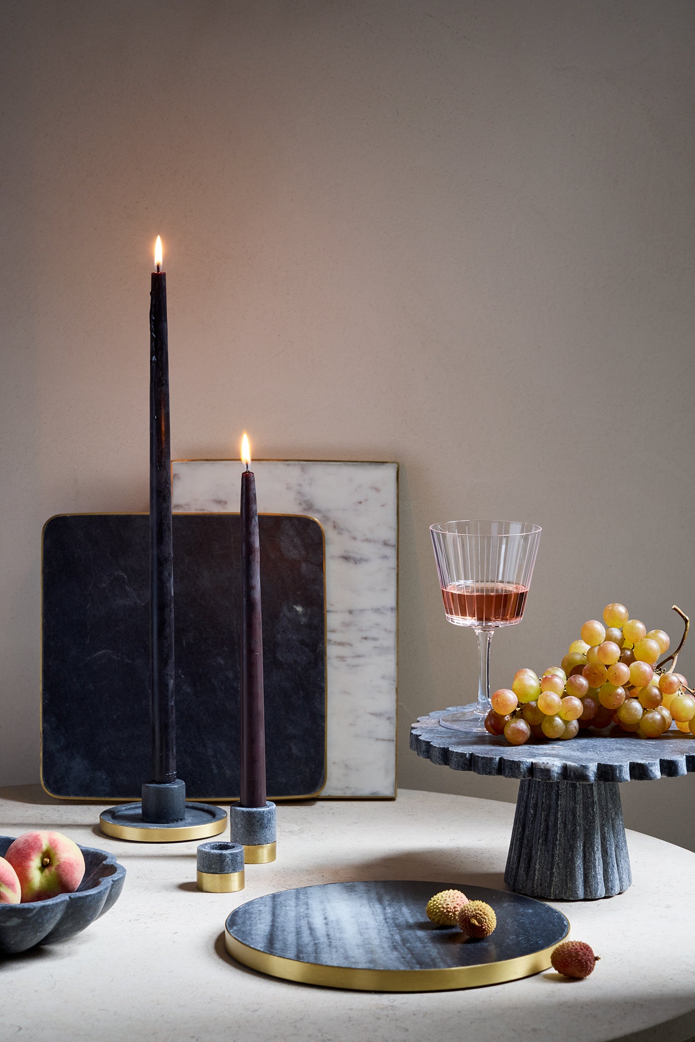Verona Black Marble Taper Holder Set