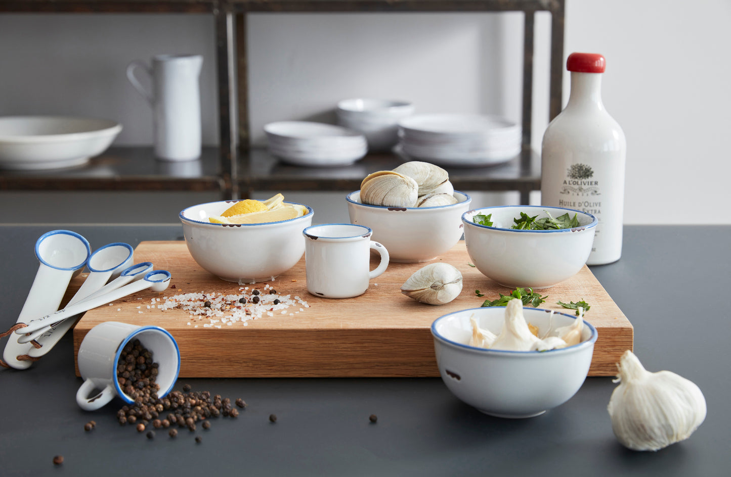 Tinware 7-Piece Prep Set- White w/ Blue Rim Canvas Home Creamer, measuring spoon, spoon rest, Tinware Collection