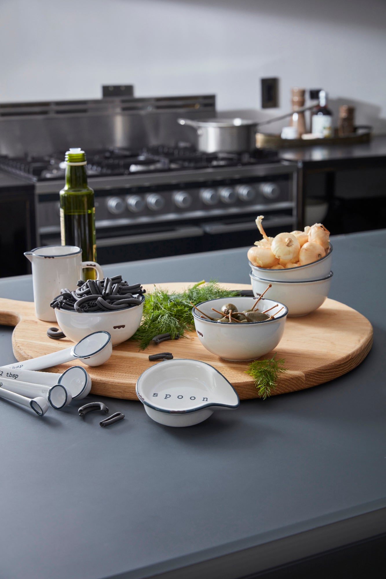 Tinware 7-Piece Prep Set- White w/ Slate Rim Canvas Home Creamer, measuring spoon, spoon rest, Tinware Collection