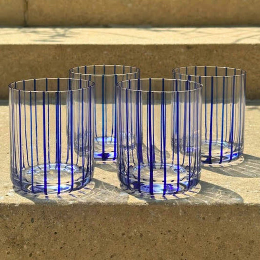 Lido Rocks Glass - Set of 4 Canvas Home Blue Stripe, Cocktail Glass, DOF, Double Old Fashion, Drinkware, Glassware, Lido, Soda Lime Glass, Soda Lime Glassware, Stripped, Whiskey Glass
