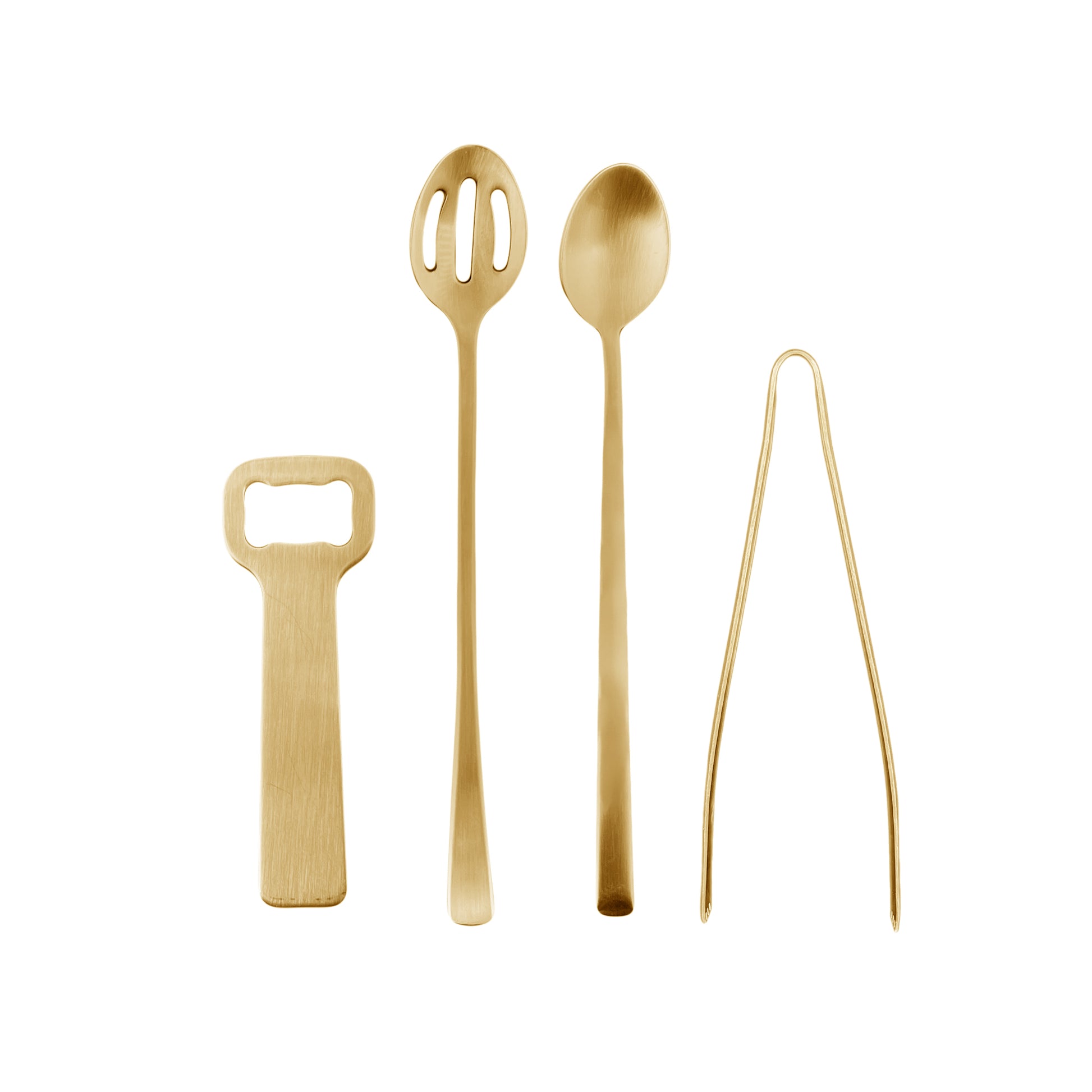 Canvas Classic Matte Gold Stainless Steel 4 Piece Bar Tool Gift Set Canvas Home $50-$100, 4 Piece Set, Bar, Bar Tools, Barware, Bottle Opener, Classic, Cutlery, Cutlery Sets, Gold, Host + Hostess, Ice Tong, Matte, Matte Gold, Portugal, Serving Utensils, Stainless Steel, Stirring Spoon