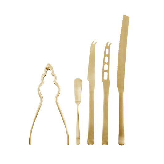 Canvas Classic Matte Gold Stainless Steel 5 Piece Appetizer Gift Set Canvas Home $50-$100, 18/10 Stainless Steel, 5 Piece Set, Bread Knife, Cheese Knives, Classic, Cutlery, Cutlery Sets, Gold, Host + Hostess, Matte, Matte Gold, Nutcracker, Portugal, Serving Utensils, Spreader, Stainless Steel