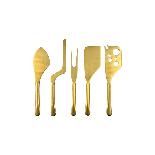 Barcelona Matte Gold Stainless Steel 5 Piece Cheese Service Gift Set Canvas Home $100-$200, 18/10 Stainless Steel, 5 Piece Set, Barcelona, Cheese Knife Set, Cheese Knives, Cheese Spreader, Cutlery, Cutlery Sets, Gold, Host + Hostess, Matte, Matte Gold, Portugal, Serving Utensils, Stainless Steel