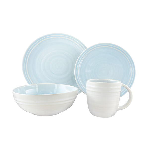 Lines Blue Stoneware 4 Piece Dinnerware Set, Service For 1