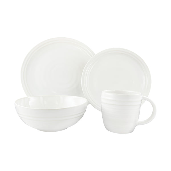 Lines White Stoneware 4 Piece Dinnerware Set, Service For 1