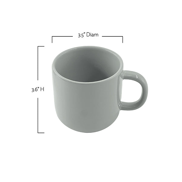 Gray mug with dimensions labeled on a white background