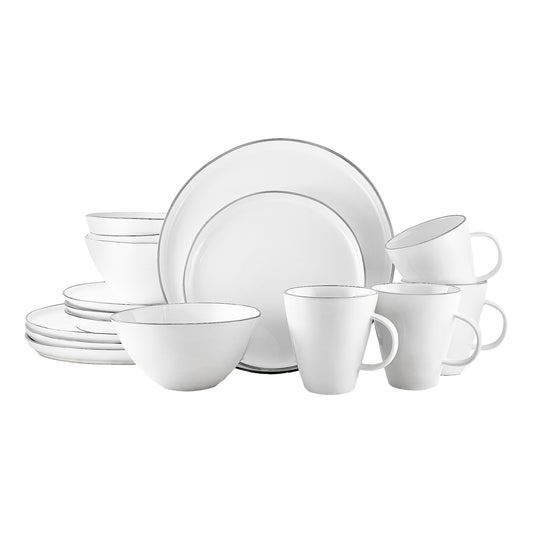 Abbesses Grey Rim Porcelain 16 Piece Dinnerware Set, Service For 4