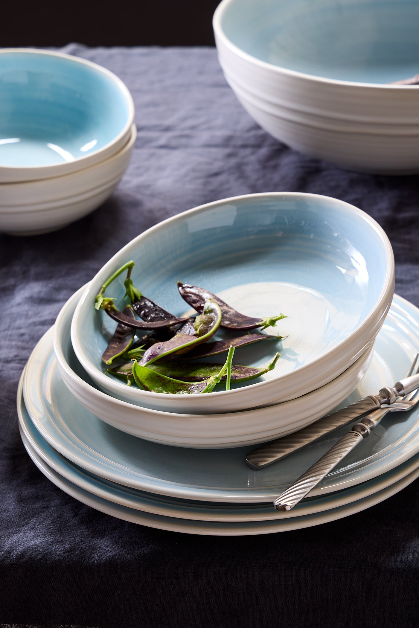 Lines Blue Stoneware Salad Bowl