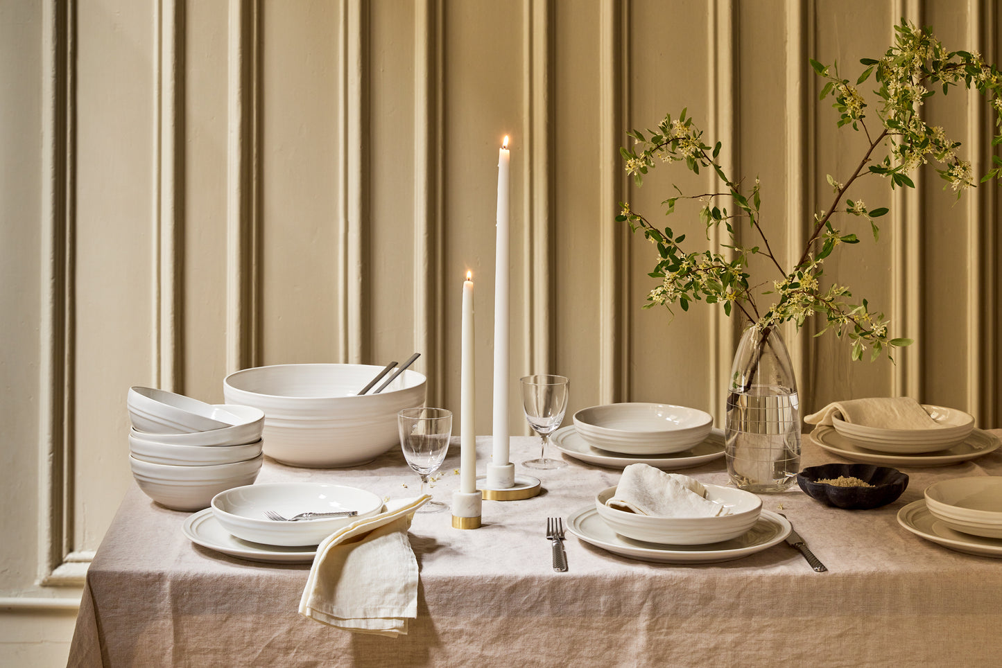 Lines White Stoneware 4 Piece Dinnerware Set, Service For 1