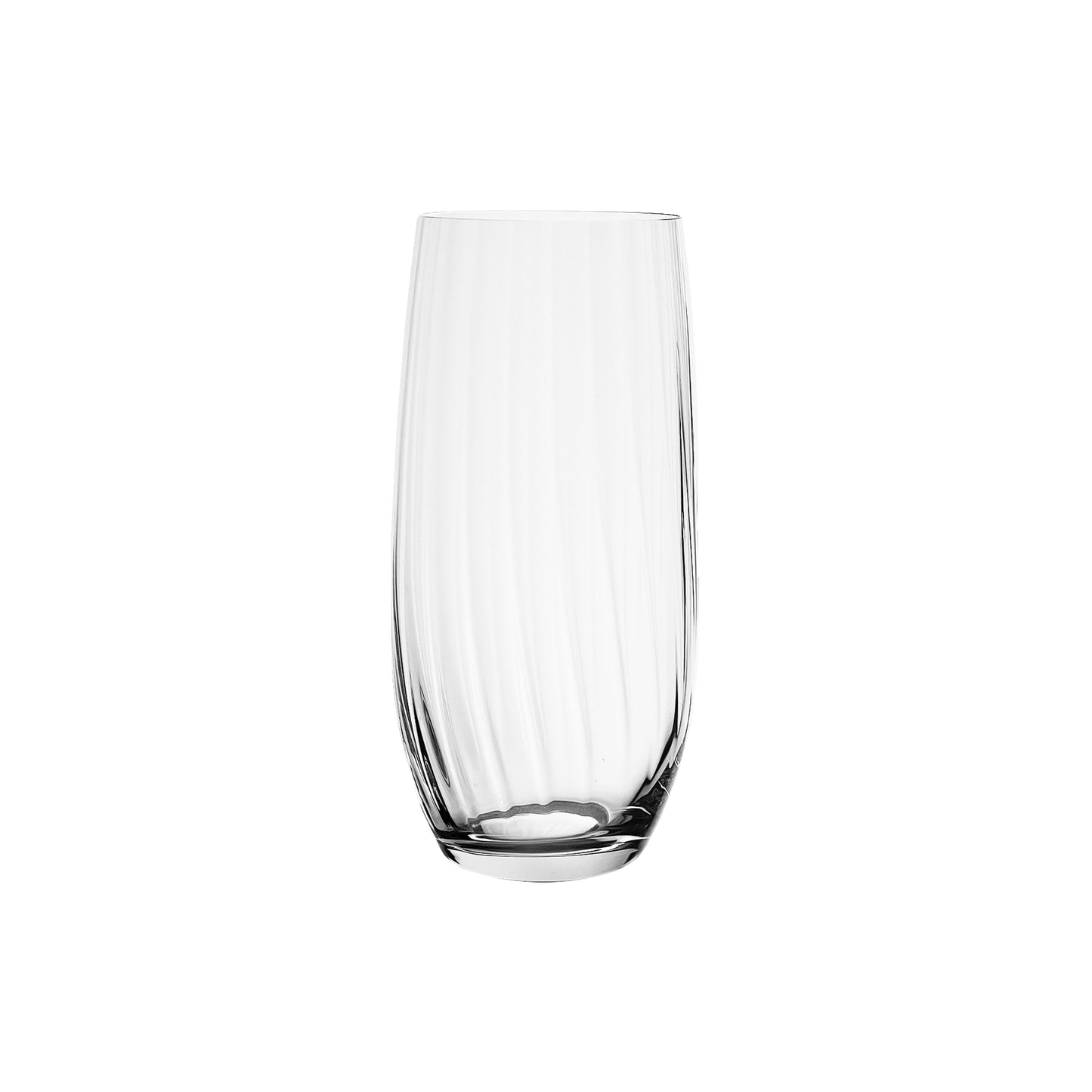 Clear, fluted glass vase on a white background