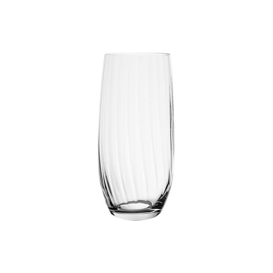 Clear, fluted glass vase on a white background