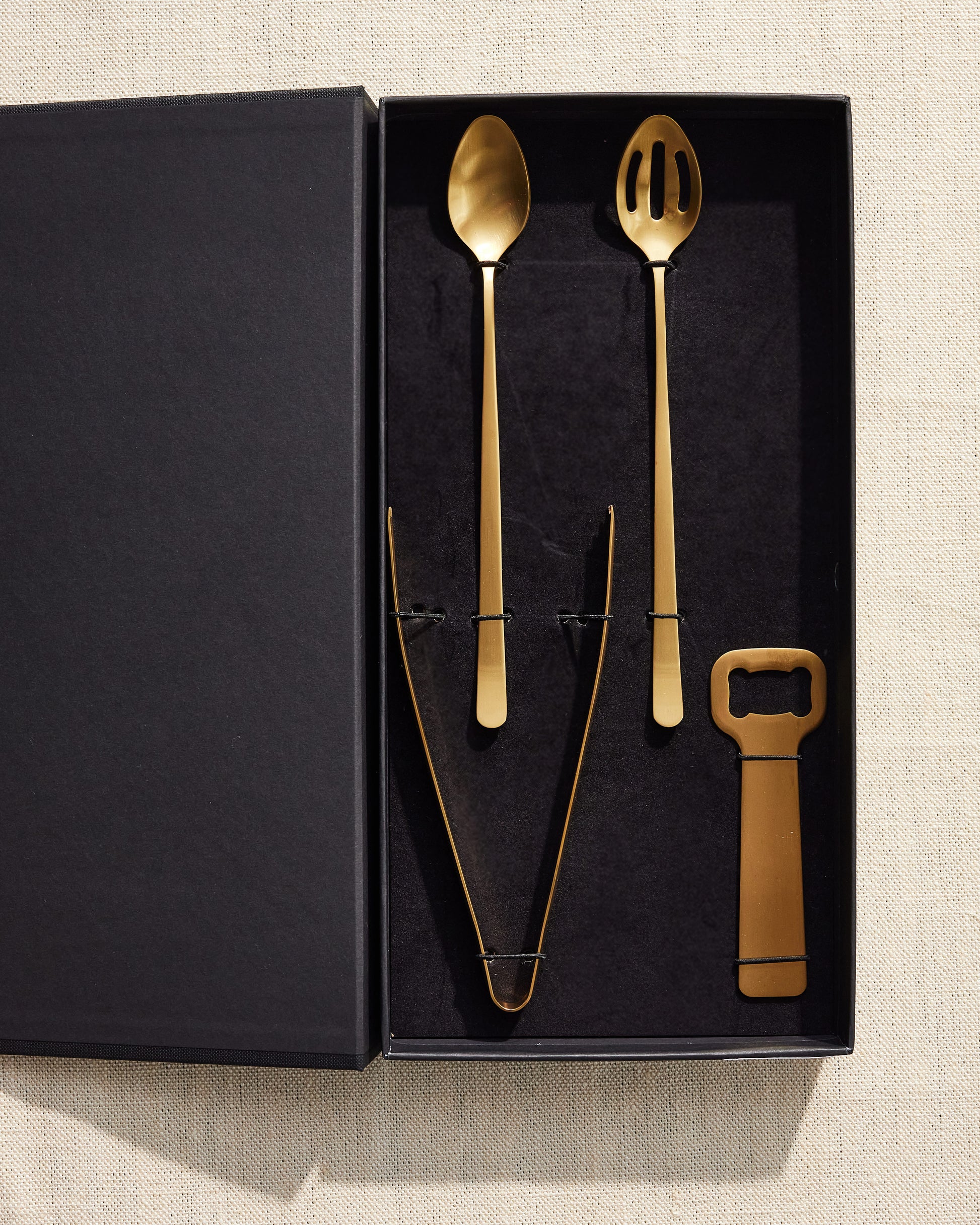 Canvas Classic Matte Gold Stainless Steel 4 Piece Bar Tool Gift Set Canvas Home $50-$100, 4 Piece Set, Bar, Bar Tools, Barware, Bottle Opener, Classic, Cutlery, Cutlery Sets, Gold, Host + Hostess, Ice Tong, Matte, Matte Gold, Portugal, Serving Utensils, Stainless Steel, Stirring Spoon