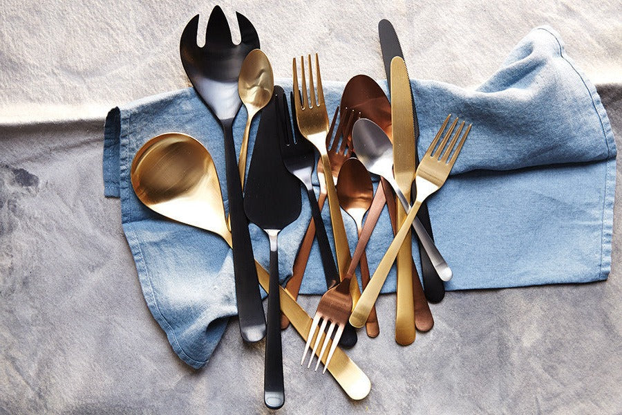 Oslo Matte Gold Stainless Steel 5 Piece Cutlery Set - Service for 1 Canvas Home $50-$100, 18/10 Stainless Steel, 5 Piece Flatware Set, 5 Piece Set, Cutlery, Cutlery Sets, Flatware, Flatware Set, Gifts-100-&-Below, Gold, Matte Gold, Oslo, Portugal, Service For 1, Stainless Steel