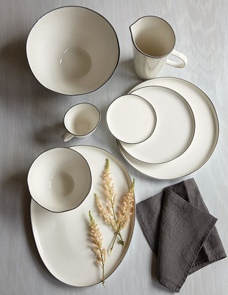 Abbesses Grey Rim Porcelain Tidbit Plate, Set of 4 Canvas Home Abbesses, Abbesses Collection, Abbesses Grey Rim, Abbesses Tidbit Plate, Abbesses Tidbit Plate Set, Casual Dinnerware, Colored Rim, Colored Rim Dinnerware, Grey, Grey Rim, Plates, Porcelain, Porcelain Dinnerware, Set of 4, Tidbit Plate, White, White & Grey