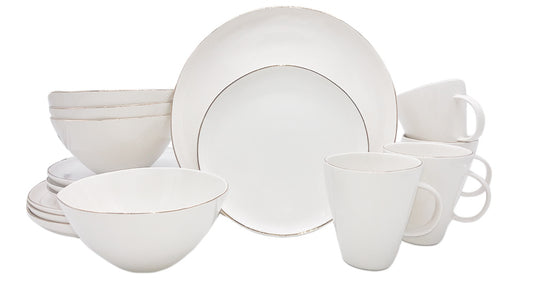 Abbesses Gold Rim Porcelain 16 Piece Dinnerware Set, Service For 4 Canvas Home 16 Piece Dinnerware Set, Abbesses, Abbesses Collection, Abbesses Gold Rim, Colored Rim Dinnerware, Dinnerware Set, Formal Dinnerware, Gold, Gold Rim, Porcelain, Porcelain Dinnerware, Service For 4, White, White & Gold