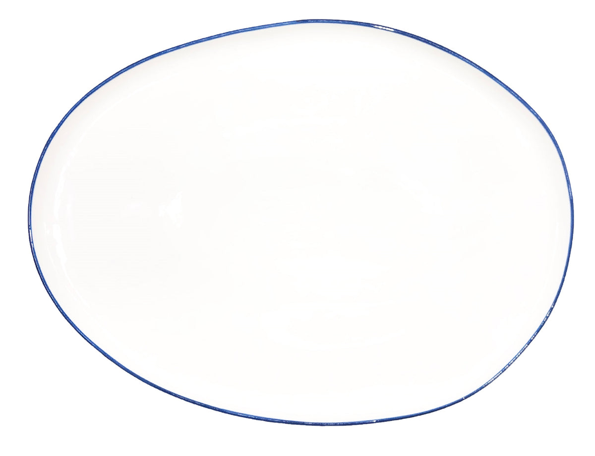 Abbesses Hand-Glazed, Porcelain Platter: White with Hand-Painted Blue Rim | Canvas Home