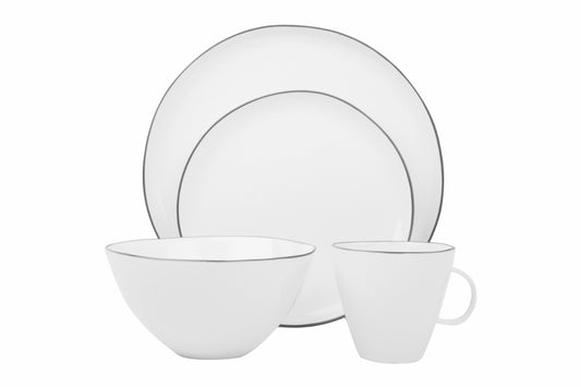 Abbesses Grey Rim Porcelain 4 Piece Dinnerware Set, Service For 1 Canvas Home 4 Piece Dinnerware Set, Abbesses, Abbesses Collection, Abbesses Grey Rim, Casual Dinnerware, Colored Rim, Colored Rim Dinnerware, Dinnerware Set, Grey, Grey Rim, Porcelain Dinnerware, White, White & Grey