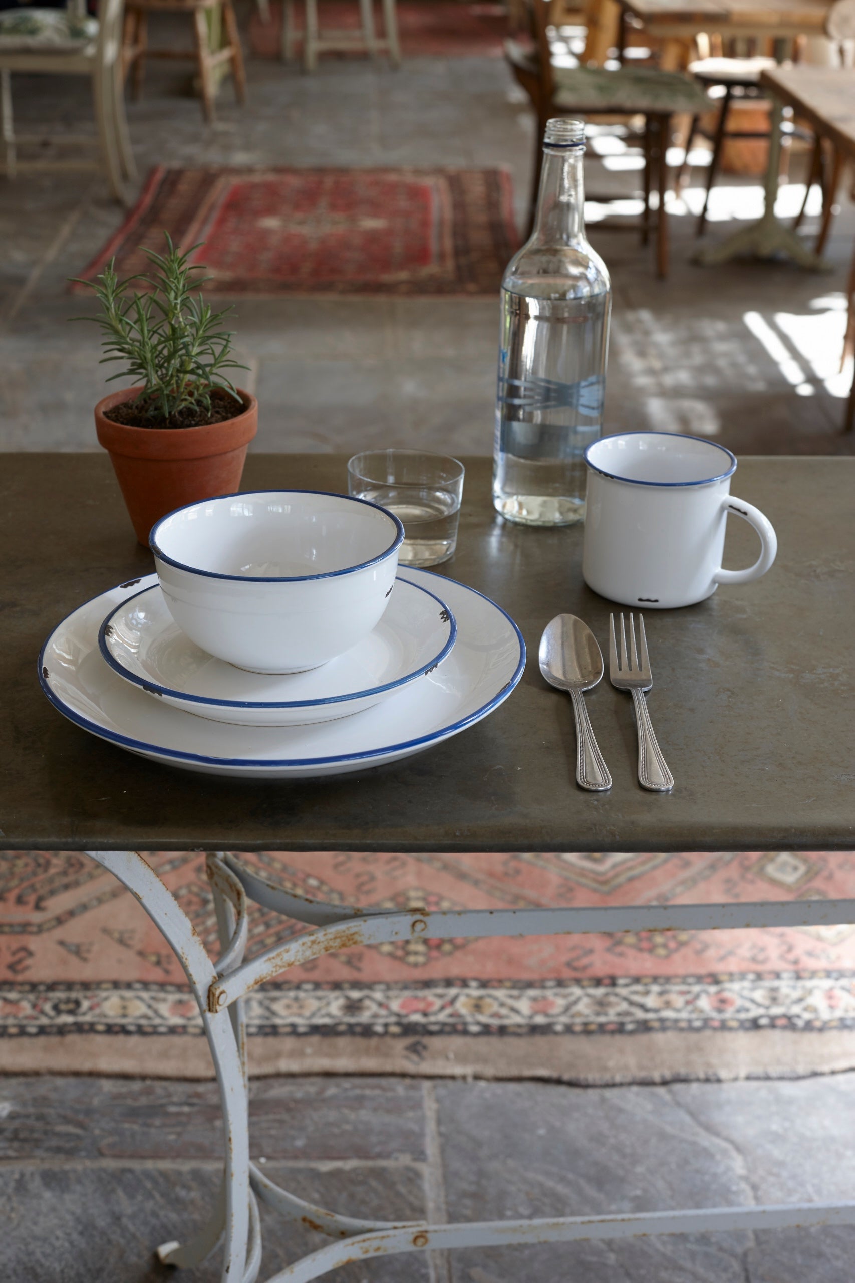 Tinware Blue Rim Stoneware 4 Piece Dinnerware Set, Service For 1 Canvas Home "contemporary dinnerware", canvas home, dinnerware, Enamel, Entertainment, Friends, Gift, Plates, related-tinware-plates, Summer, Tinware Collection, Vintage