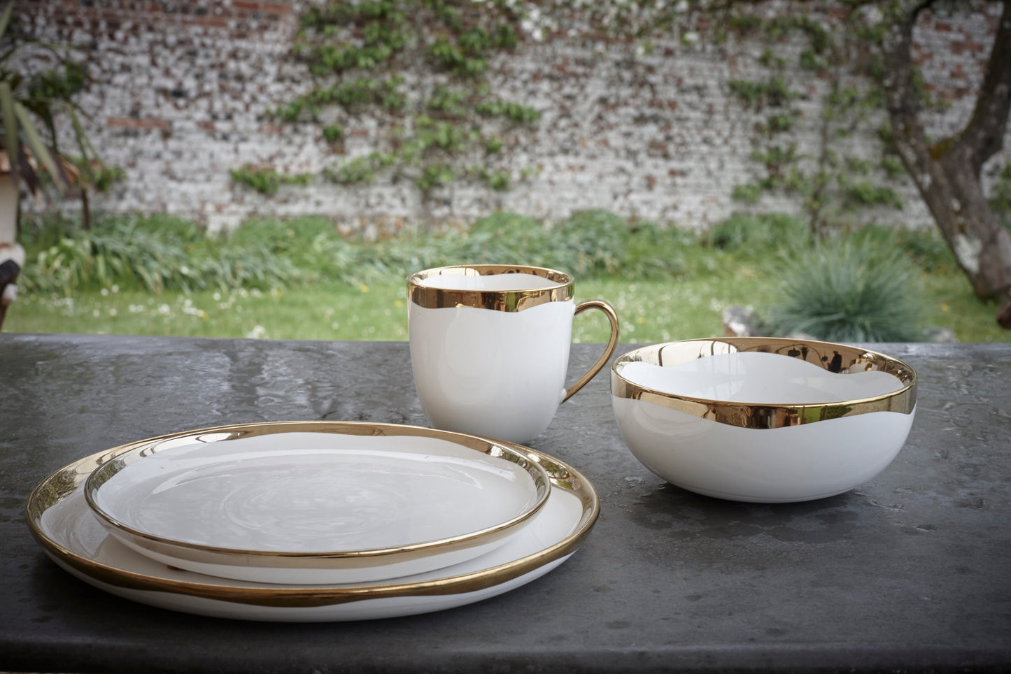 Dauville Gold Metallic Porcelain 3 Piece Dinnerware Set, Service For 1 Canvas Home Dauville, Dauville Cereal Bowl, Dauville Collection, Dauville Dinner Plate, Dauville Gold, Dauville Gold Cereal Bowl, Dauville Gold Dinner Plate, Dauville Gold Metallic, Dauville Gold Metallic Porcelain Cereal Bowl, Dauville Gold Metallic Porcelain Dinner Plate, Dauville Gold Salad Plate, Dauville Porcelain Cereal Bowl, Dauville Salad Plate, Gold, Gold Accent, Gold Metallic Accent, Gold Rim, Plates, Porcelain, Por