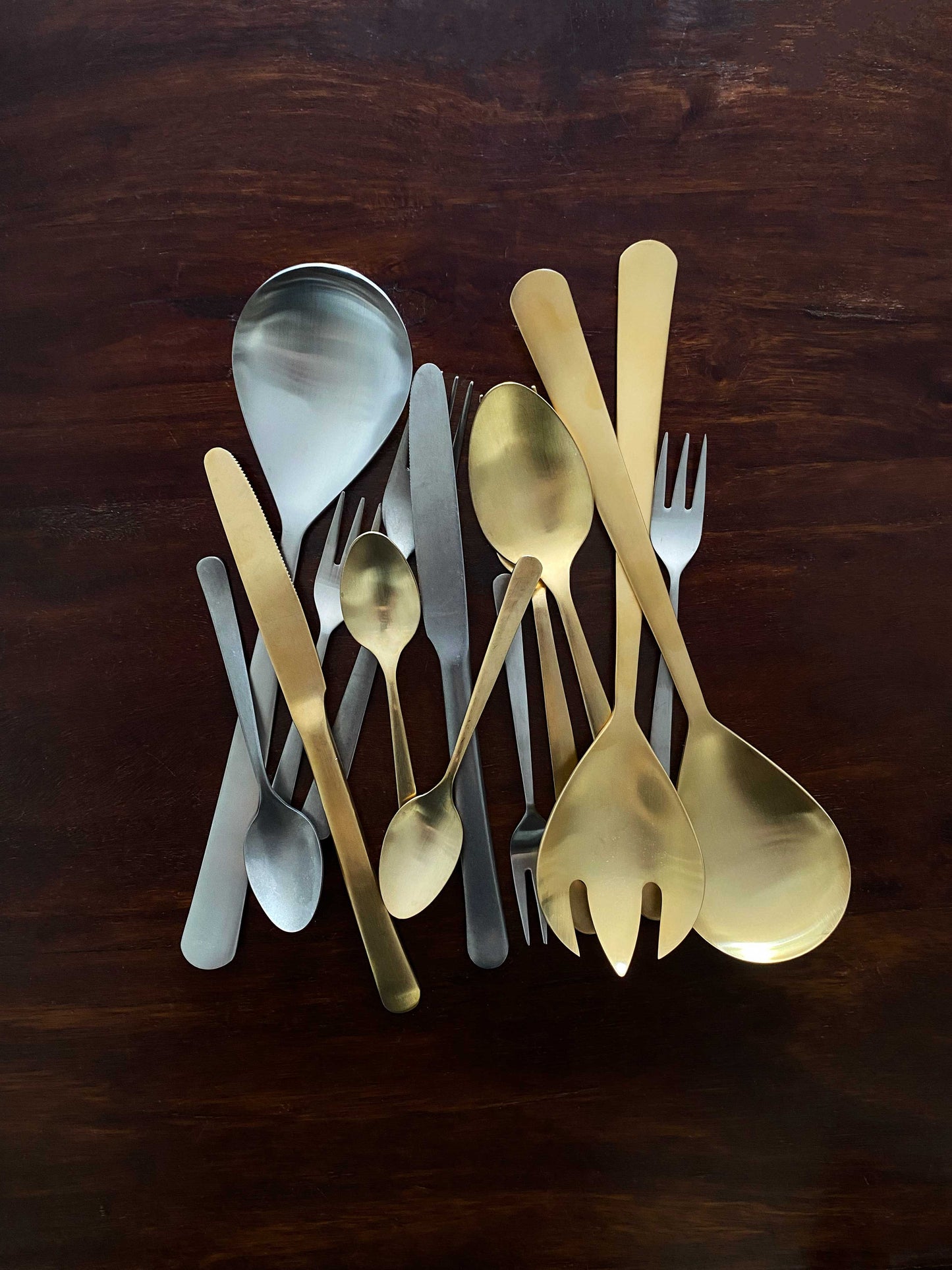 Oslo Matte Gold Stainless Steel 5 Piece Cutlery Set - Service for 1 Canvas Home $50-$100, 18/10 Stainless Steel, 5 Piece Flatware Set, 5 Piece Set, Cutlery, Cutlery Sets, Flatware, Flatware Set, Gifts-100-&-Below, Gold, Matte Gold, Oslo, Portugal, Service For 1, Stainless Steel