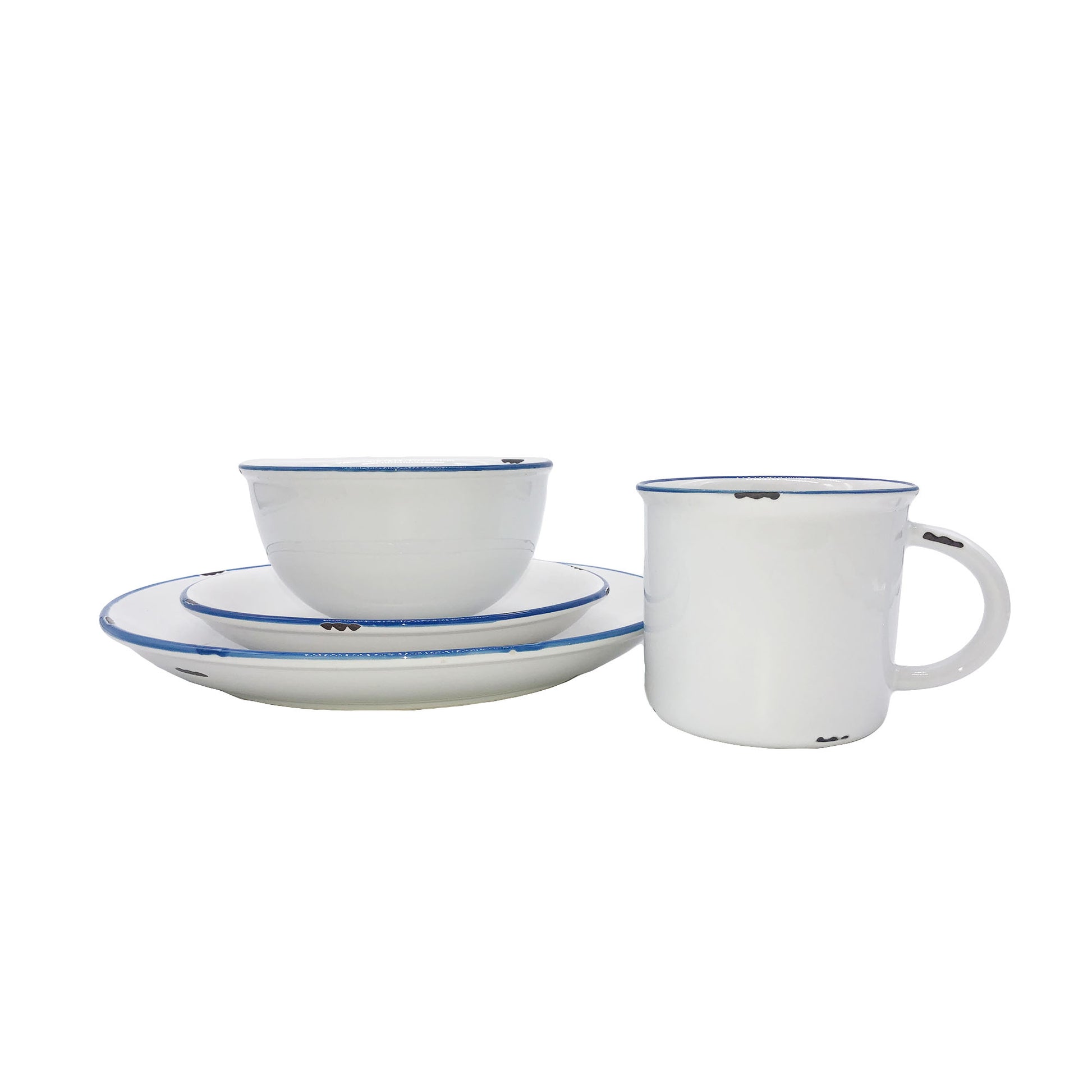 Tinware Blue Rim Stoneware 4 Piece Dinnerware Set, Service For 1 Canvas Home "contemporary dinnerware", canvas home, dinnerware, Enamel, Entertainment, Friends, Gift, Plates, related-tinware-plates, Summer, Tinware Collection, Vintage