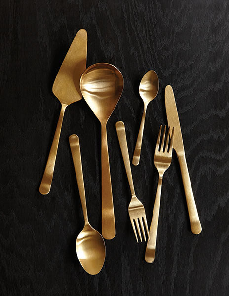 Oslo Matte Gold Stainless Steel 5 Piece Cutlery Set - Service for 1 Canvas Home $50-$100, 18/10 Stainless Steel, 5 Piece Flatware Set, 5 Piece Set, Cutlery, Cutlery Sets, Flatware, Flatware Set, Gifts-100-&-Below, Gold, Matte Gold, Oslo, Portugal, Service For 1, Stainless Steel