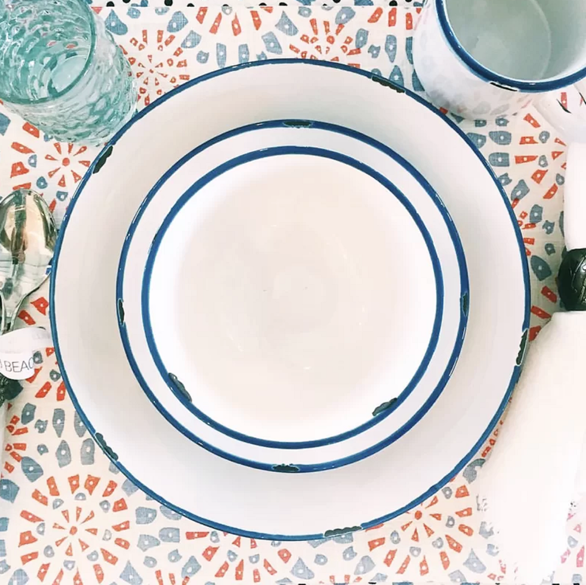 Tinware Blue Rim Stoneware 4 Piece Dinnerware Set, Service For 1 Canvas Home "contemporary dinnerware", canvas home, dinnerware, Enamel, Entertainment, Friends, Gift, Plates, related-tinware-plates, Summer, Tinware Collection, Vintage